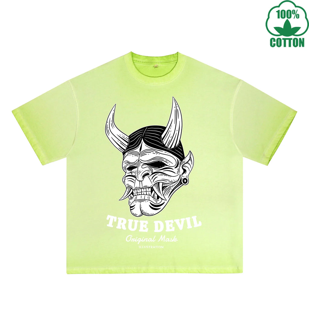 True Devil Printed Dirty WashT-Shirt 230G Multicolor Loose Trendy Fashionable 100%Cotton Short Sleeve Top