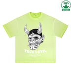 True Devil Printed Dirty WashT-Shirt 230G Multicolor Loose Trendy Fashionable 100%Cotton Short Sleeve Top