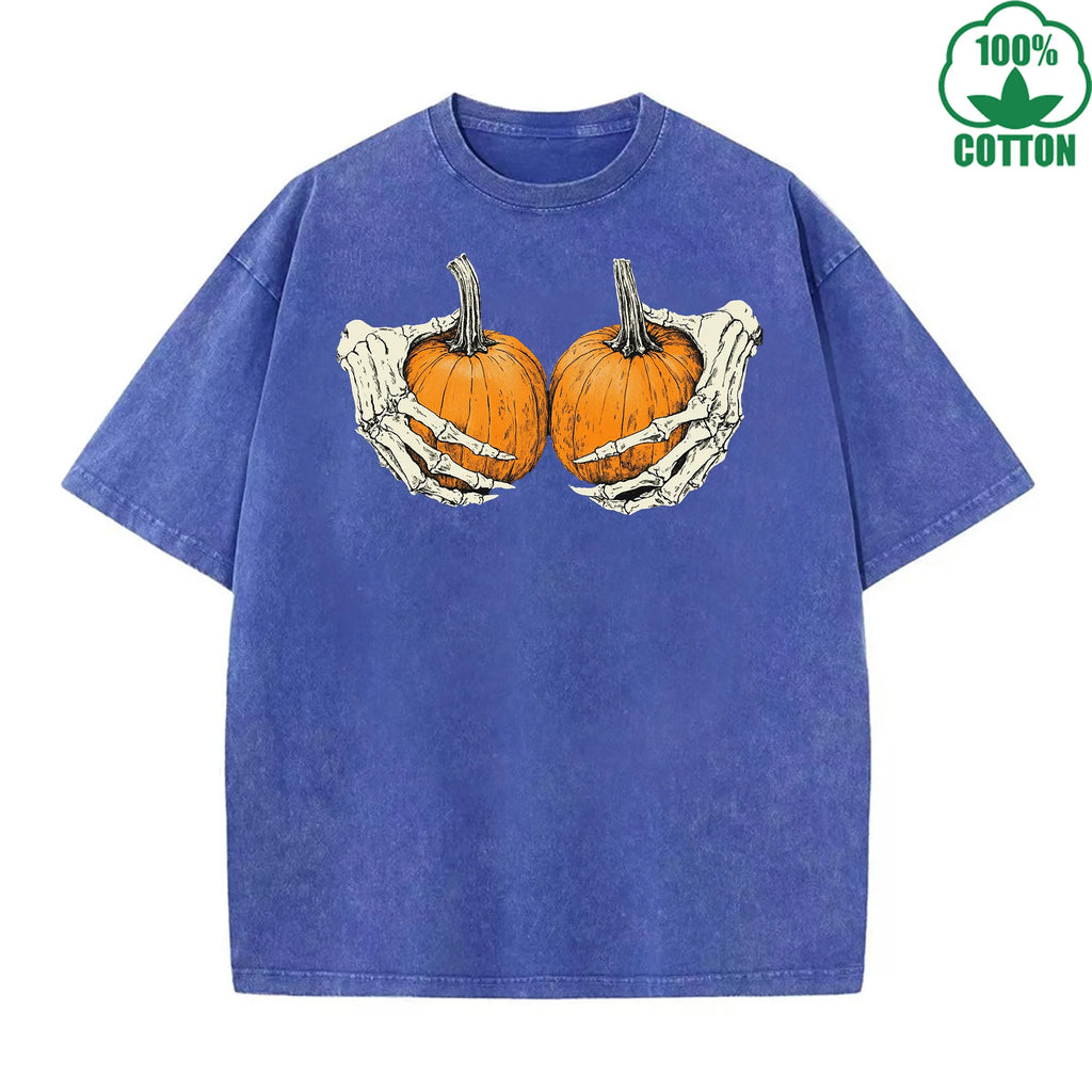 Holding a Pumpkin Fun And Quirky Printed Washed T-Shirt 230G Multicolor Loose Trendy Fashionable Cotton Short Sleeve Top