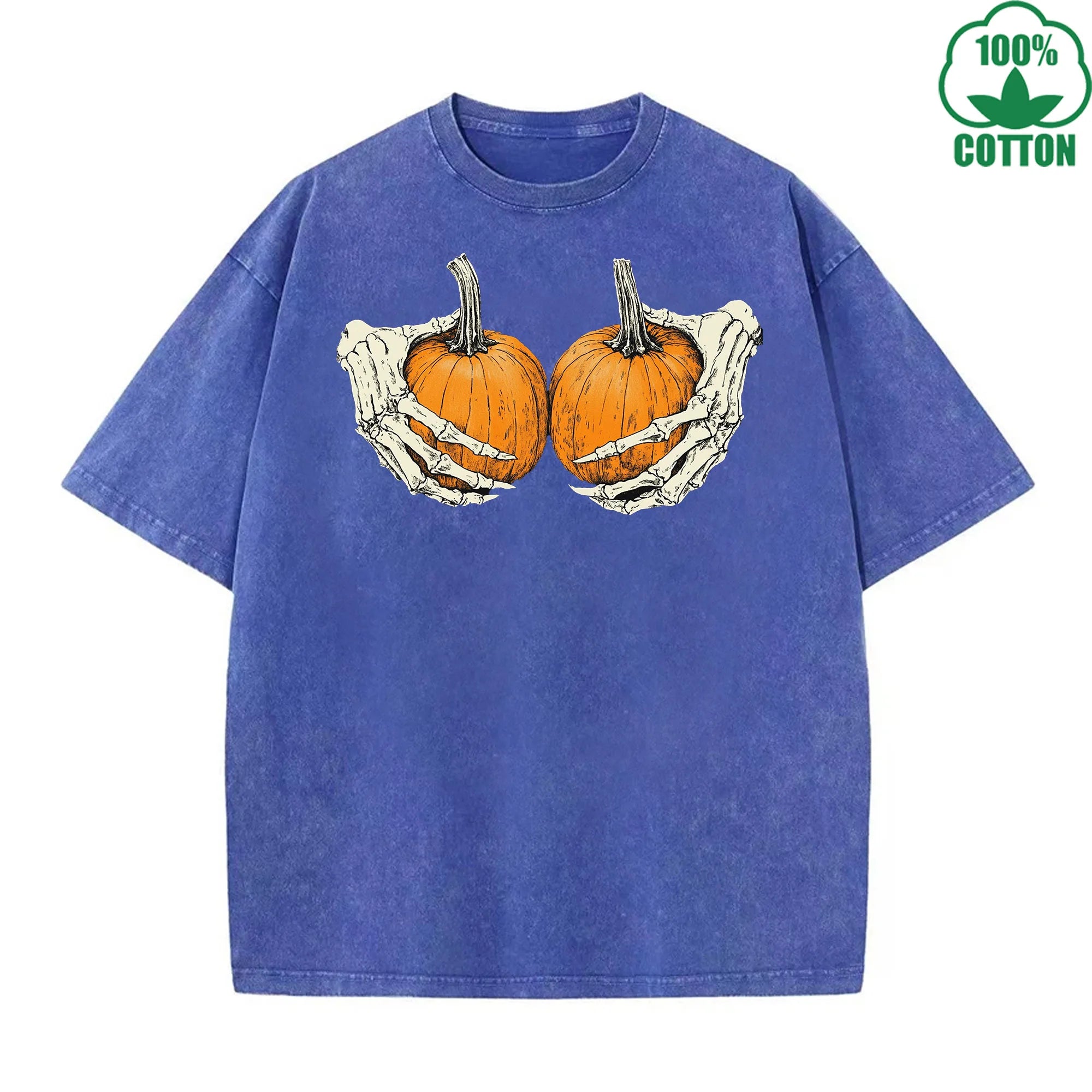 Holding a Pumpkin Fun And Quirky Printed Washed T-Shirt 230G Multicolor Loose Trendy Fashionable Cotton Short Sleeve Top