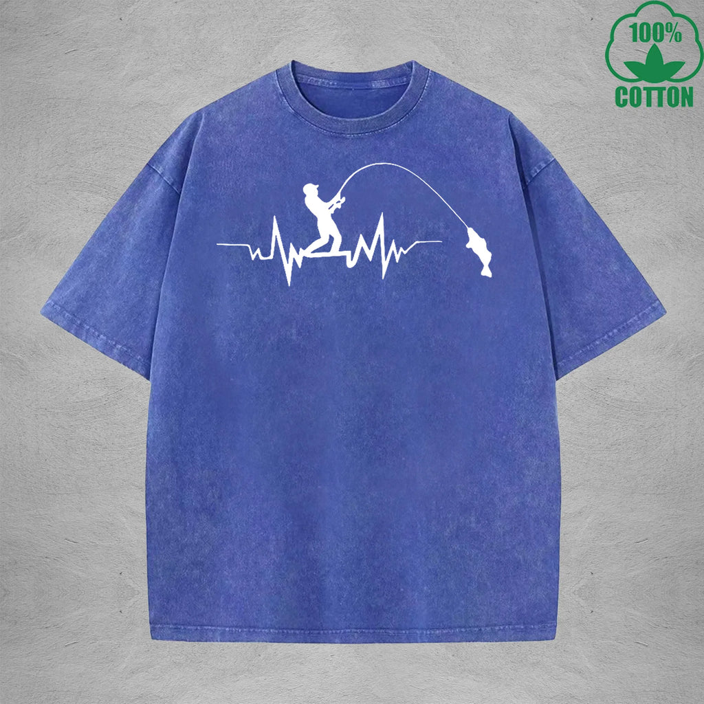 Fisherman Interesting Printed Washed T-Shirt 230G Multicolor Loose Trendy Fashionable Cotton Short Sleeve Top