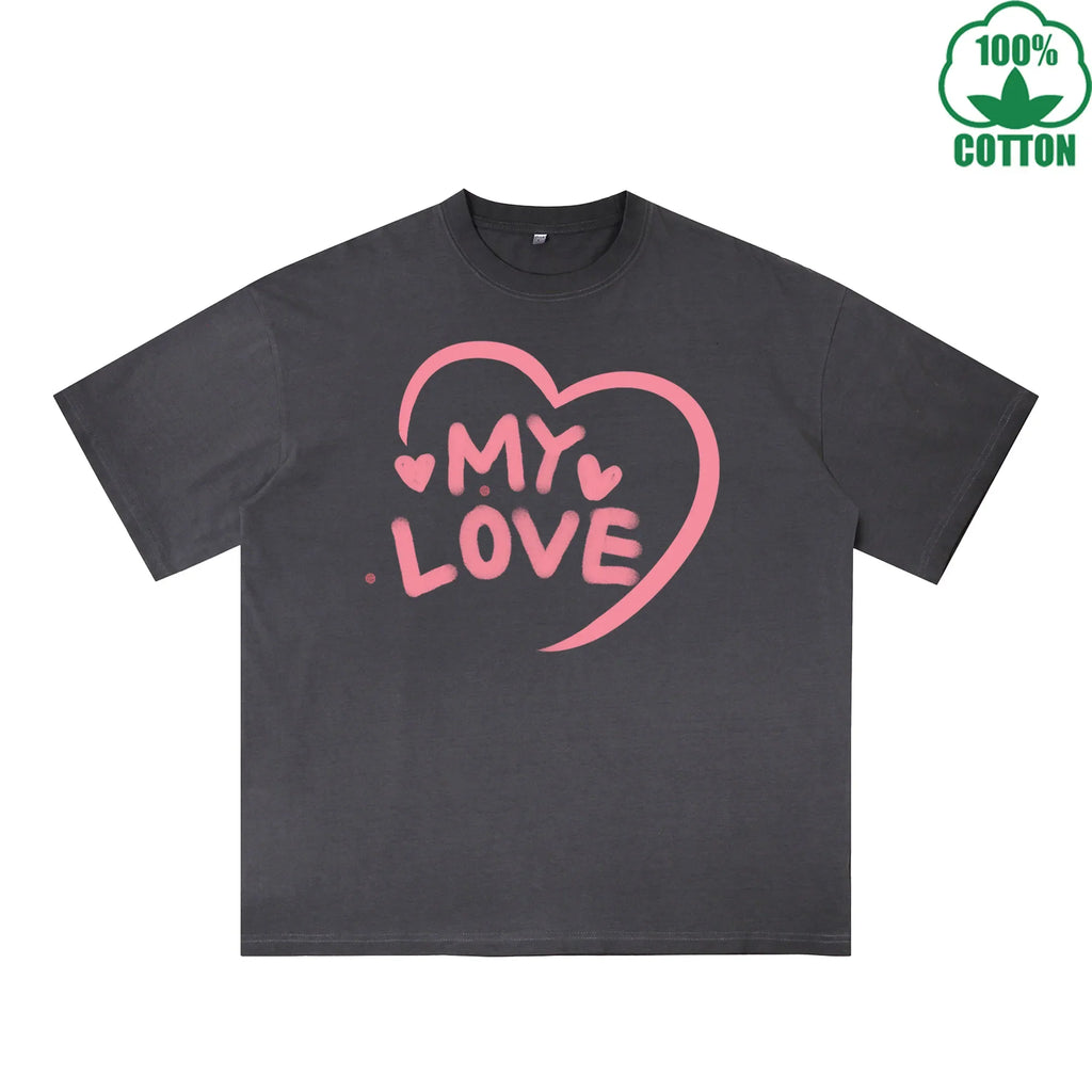 MY Love Printed Dirty WashT-Shirt 230G Multicolor Loose Trendy Short Sleeves Fashionable 100%Cotton Top