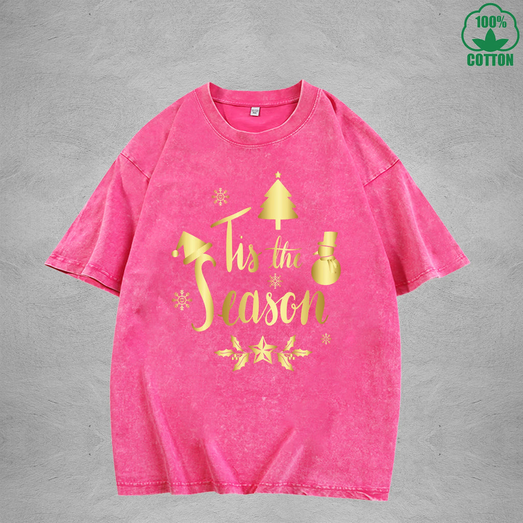 Merry Christmas Interest Printed Washed T-Shirt 230G Multicolor Loose Trendy Fashionable 100%Cotton Short Sleeve Top