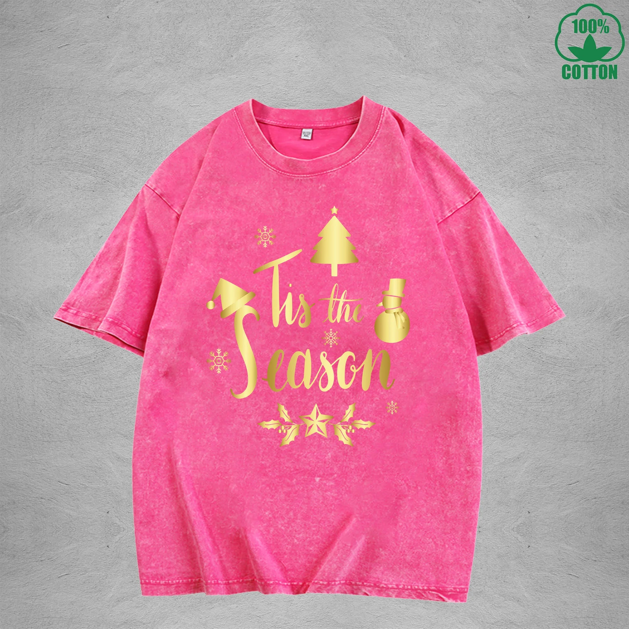 Merry Christmas Interest Printed Washed T-Shirt 230G Multicolor Loose Trendy Fashionable 100%Cotton Short Sleeve Top