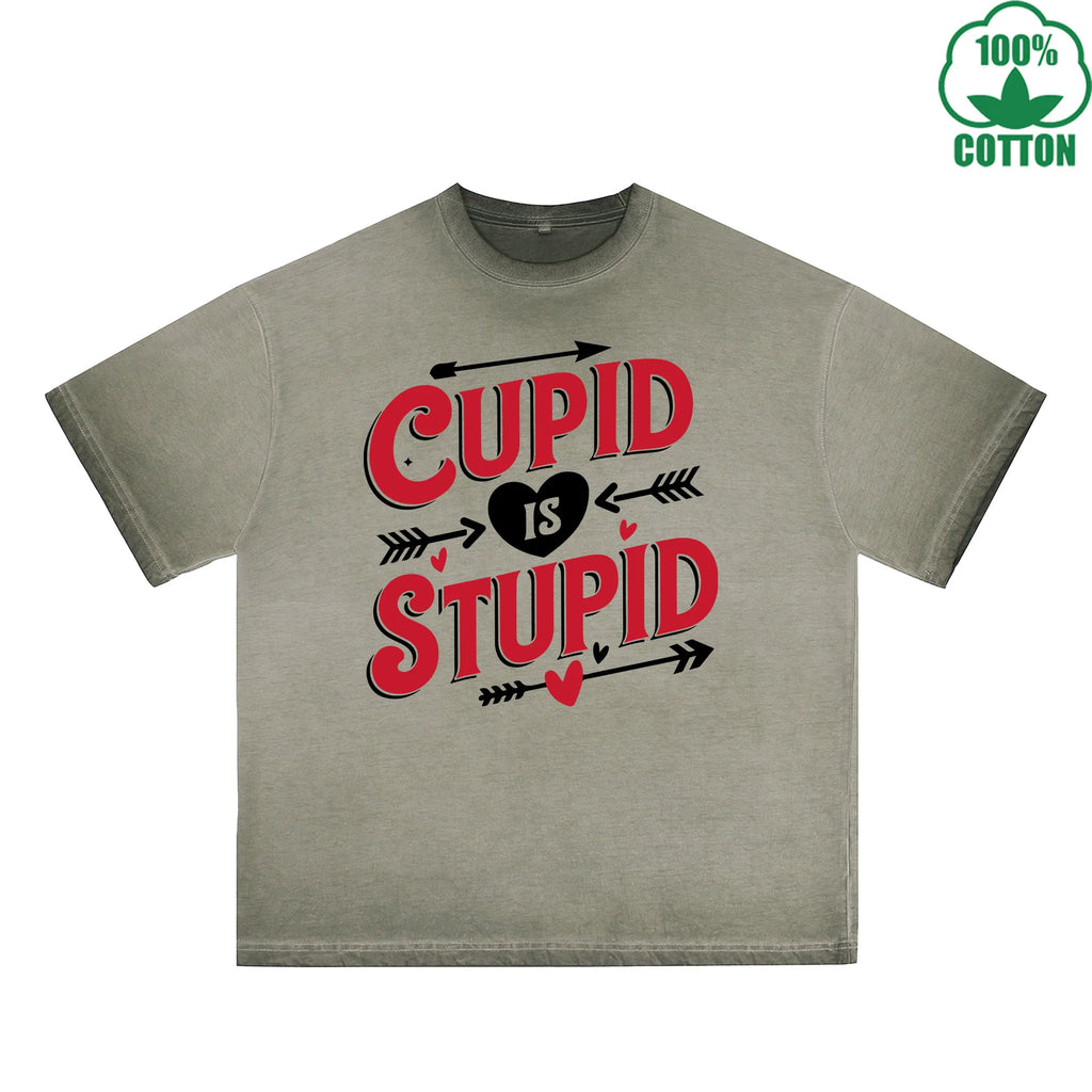 God of Love is Stupid Printed Dirty Wash T-Shirt 230G Multicolor Loose Trendy Fashionable 100%Cotton Short Sleeve Top