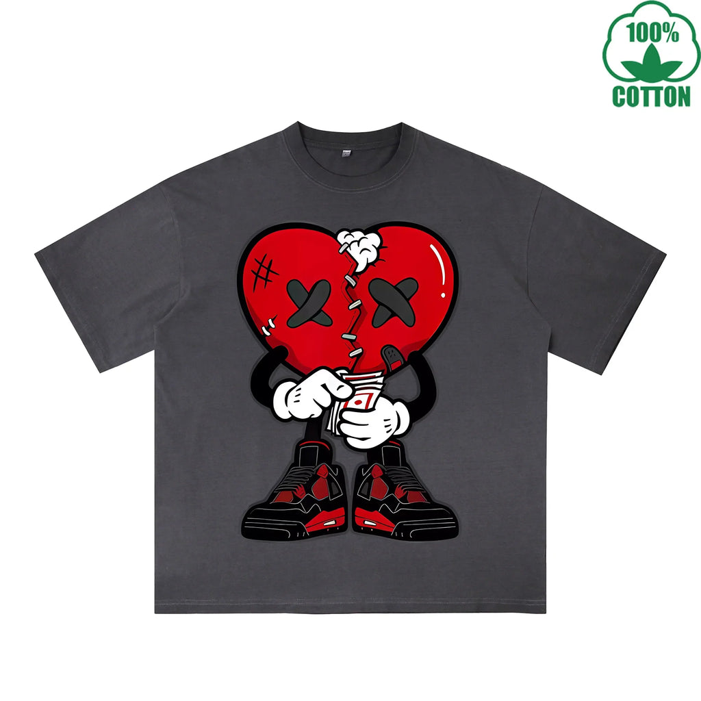Injured Heart Printed Dirty WashT-Shirt 230G Multicolor Loose Trendy Fashionable 100%Cotton Short Sleeve Top