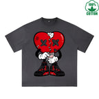 Injured Heart Printed Dirty WashT-Shirt 230G Multicolor Loose Trendy Fashionable 100%Cotton Short Sleeve Top