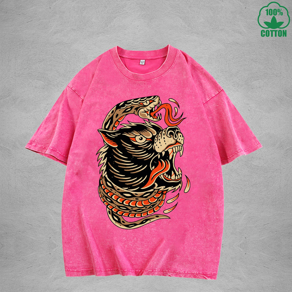 Deadly SnakeInterest Printed Washed T-Shirt 230G Multicolor Loose Trendy Fashionable 100%Cotton Short Sleeve Top