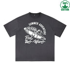 Summer Adventure Printed Dirty WashT-Shirt 230G Multicolor Loose Trendy Fashionable 100%Cotton Short Sleeve Top