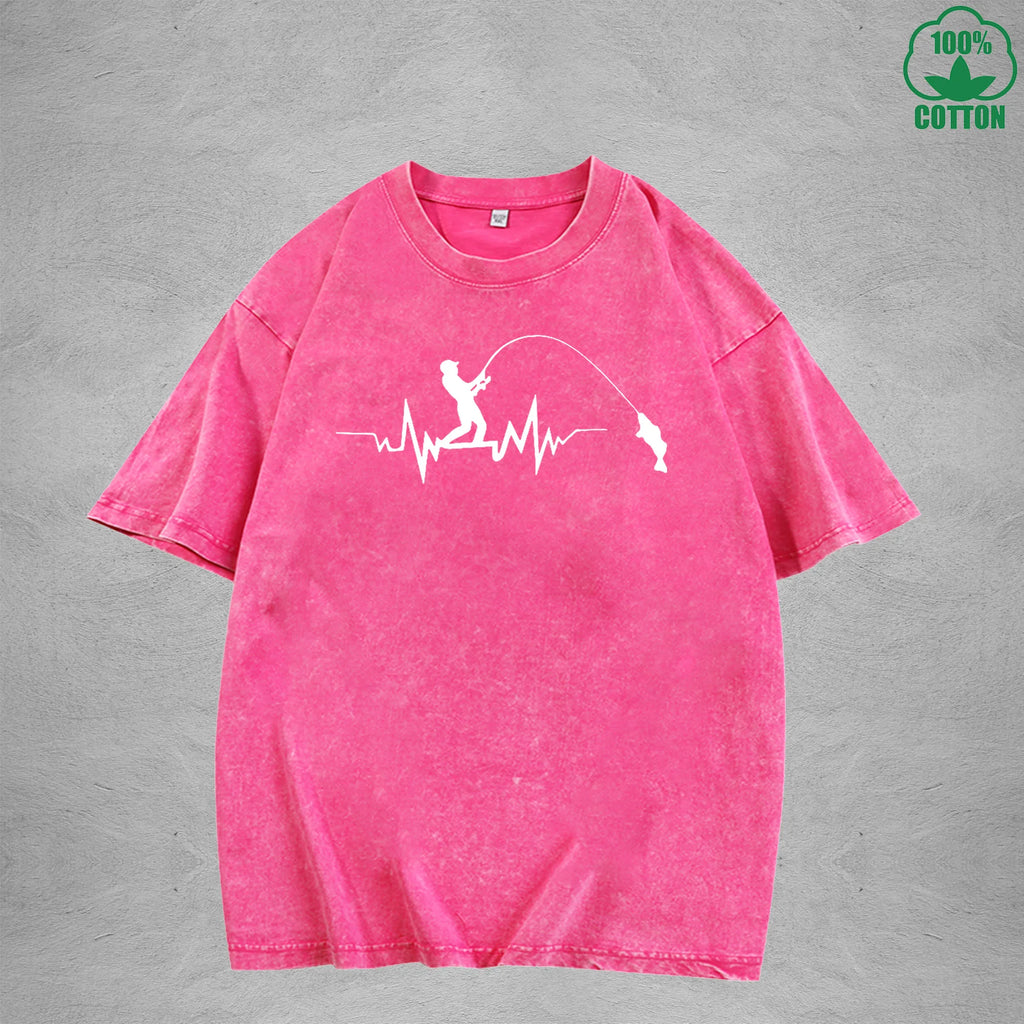 Fisherman Interesting Printed Washed T-Shirt 230G Multicolor Loose Trendy Fashionable Cotton Short Sleeve Top