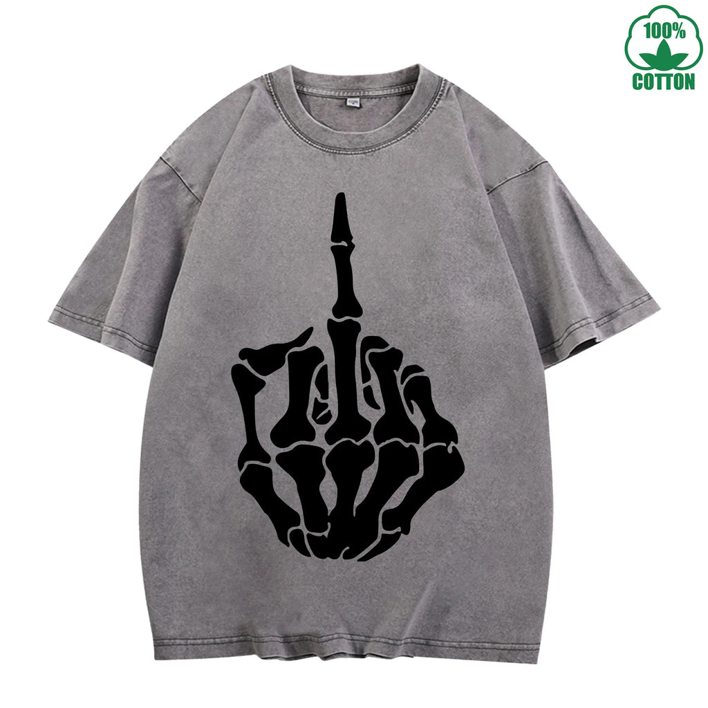 Respect Skeleton Finger Printed Washed T-Shirt 230G Multicolor Loose Trendy Fashionable Cotton Short Sleeve Top