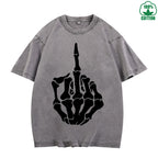 Respect Skeleton Finger Printed Washed T-Shirt 230G Multicolor Loose Trendy Fashionable Cotton Short Sleeve Top