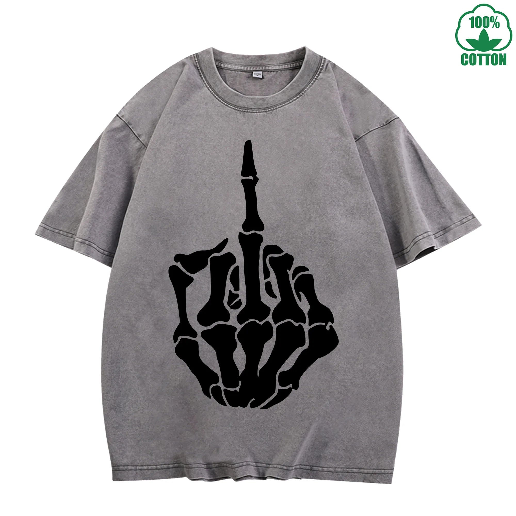 Respect Skeleton Finger Printed Washed T-Shirt 230G Multicolor Loose Trendy Fashionable Cotton Short Sleeve Top