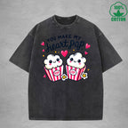 You Make My Heait PopInterest Printed Washed T-Shirt 230G Loose Trendy Fashionable 100%Cotton Short Sleeve Top