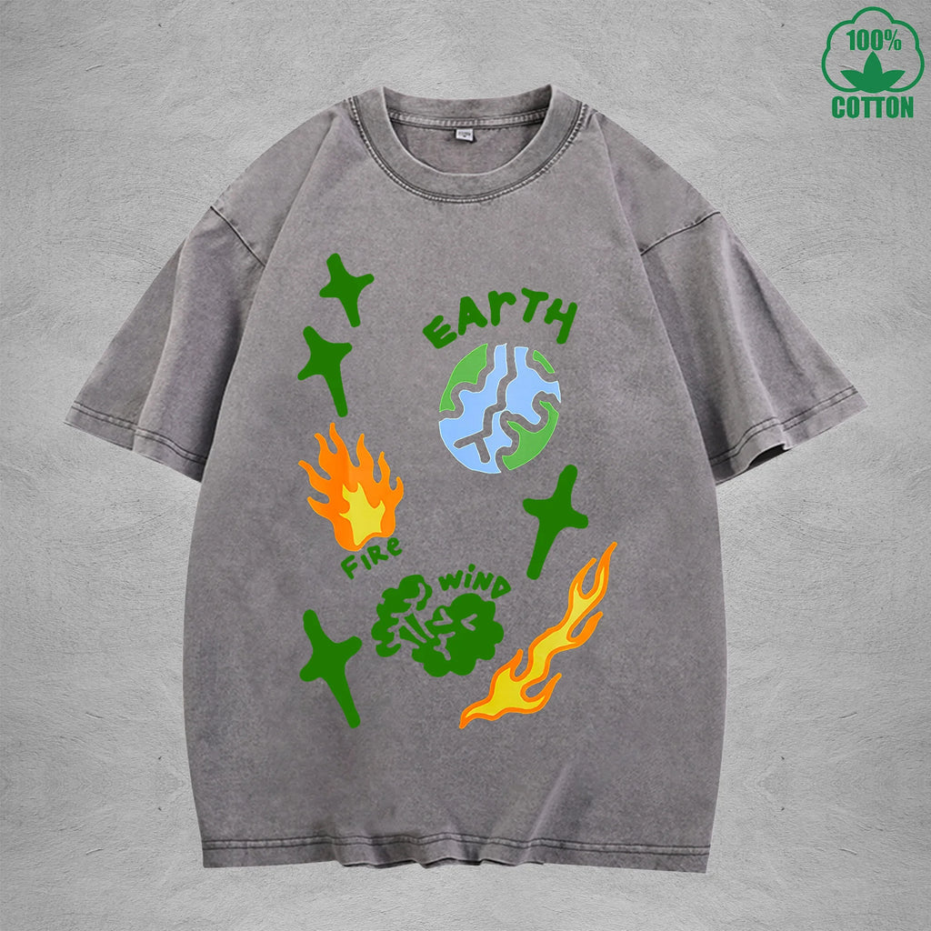 Natural Elements Interest Printed Washed T-Shirt 230G Multicolor Loose Trendy Fashionable Cotton Short Sleeve Top