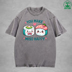 You Make Miso HappyInterest Printed Washed T-Shirt 230G Loose Trendy Fashionable 100%Cotton Short Sleeve Top