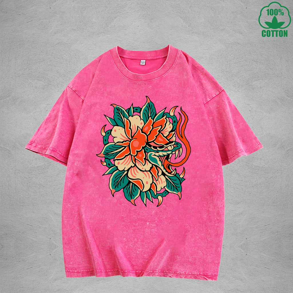 Deadly FlowerInterest Printed Washed T-Shirt 230G Multicolor Loose Trendy Fashionable 100%Cotton Short Sleeve Top