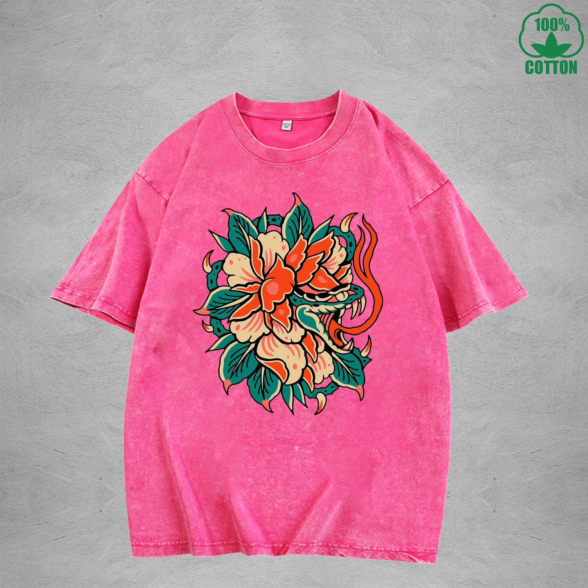 Deadly FlowerInterest Printed Washed T-Shirt 230G Multicolor Loose Trendy Fashionable 100%Cotton Short Sleeve Top