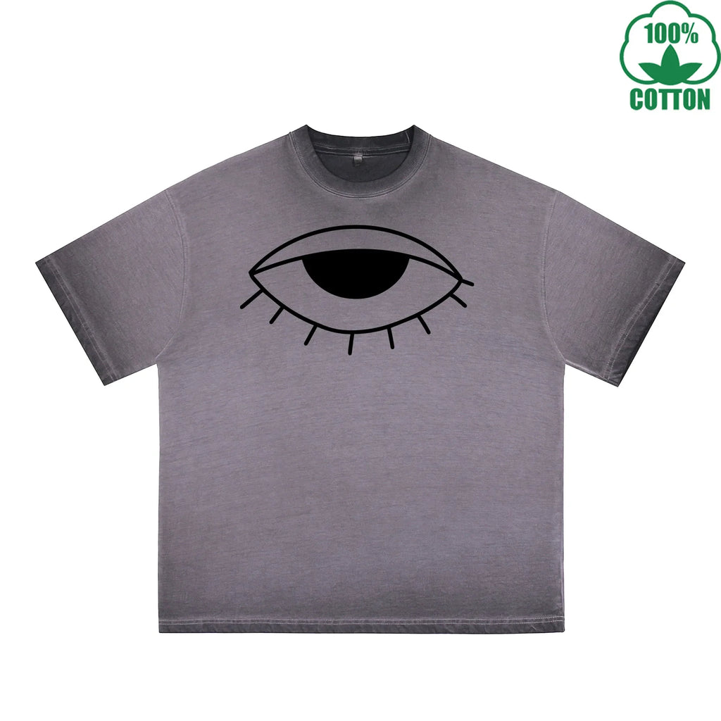 The Mysterious Eye Printed Dirty WashT-Shirt 230G Multicolor Loose Trendy Fashionable 100%Cotton Short Sleeve Top