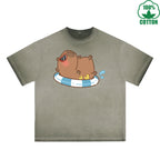 Capybara Sunbathing Printed Dirty WashT-Shirt 230G Multicolor Loose Trendy Fashionable 100%Cotton Short Sleeve Top