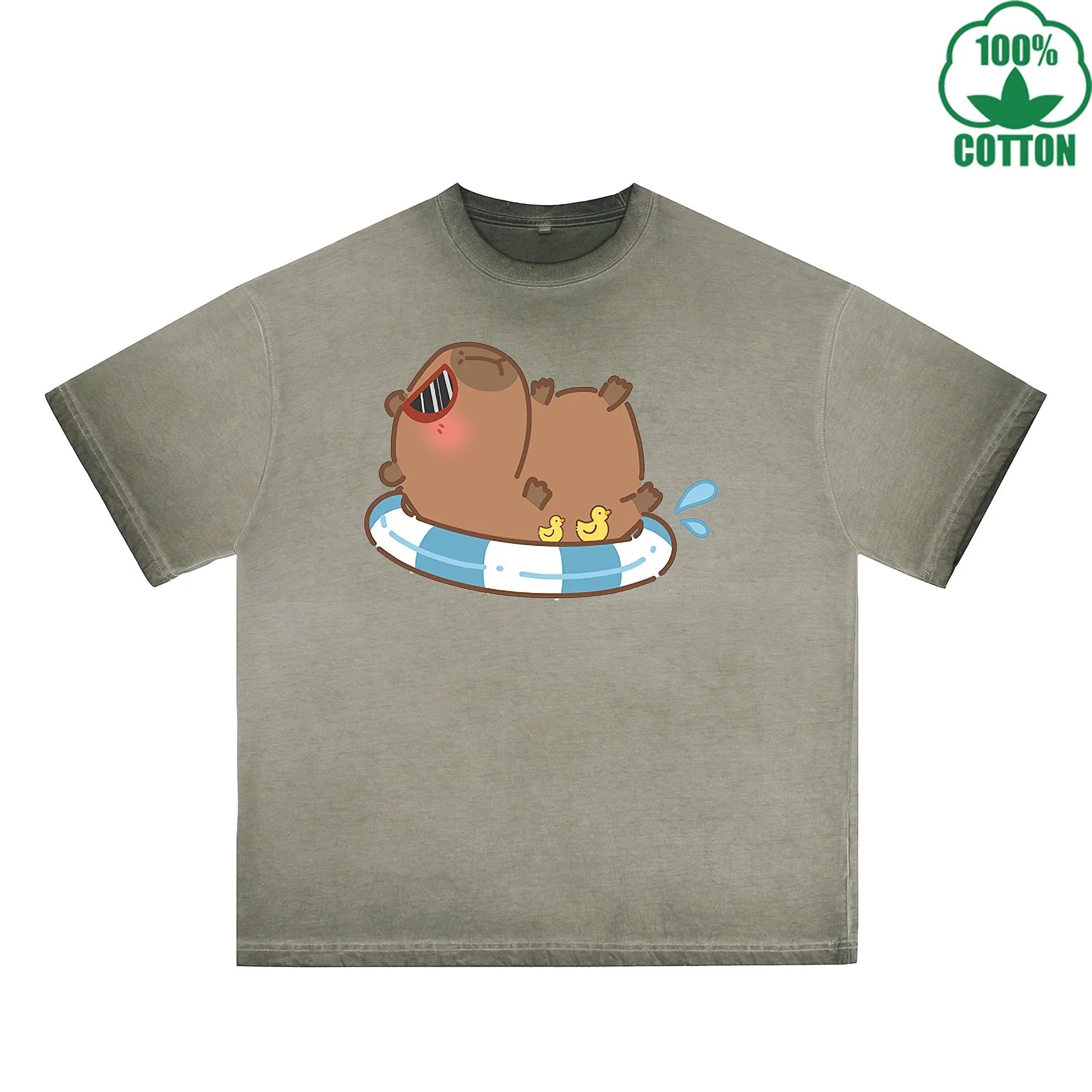 Capybara Sunbathing Printed Dirty WashT-Shirt 230G Multicolor Loose Trendy Fashionable 100%Cotton Short Sleeve Top