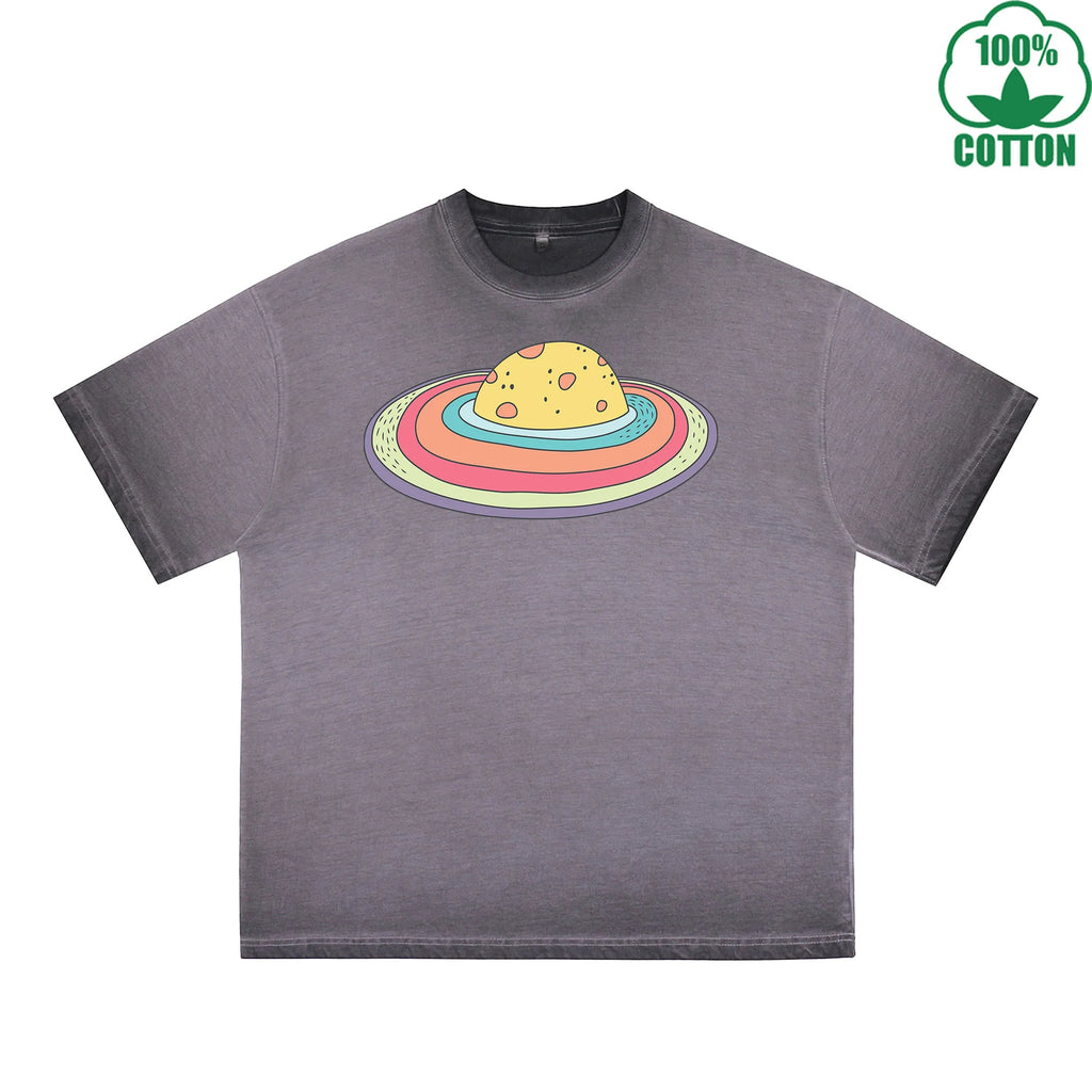Microcosm Printed Dirty WashT-Shirt 230G Multicolor Loose Trendy Fashionable 100%Cotton Short Sleeve Top