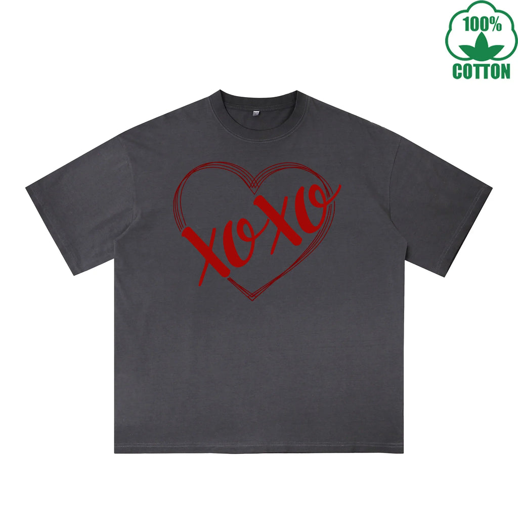 Xoxo Printed Dirty Wash T-Shirt 230G Multicolor Loose Trendy Fashionable 100%Cotton Short Sleeve Top