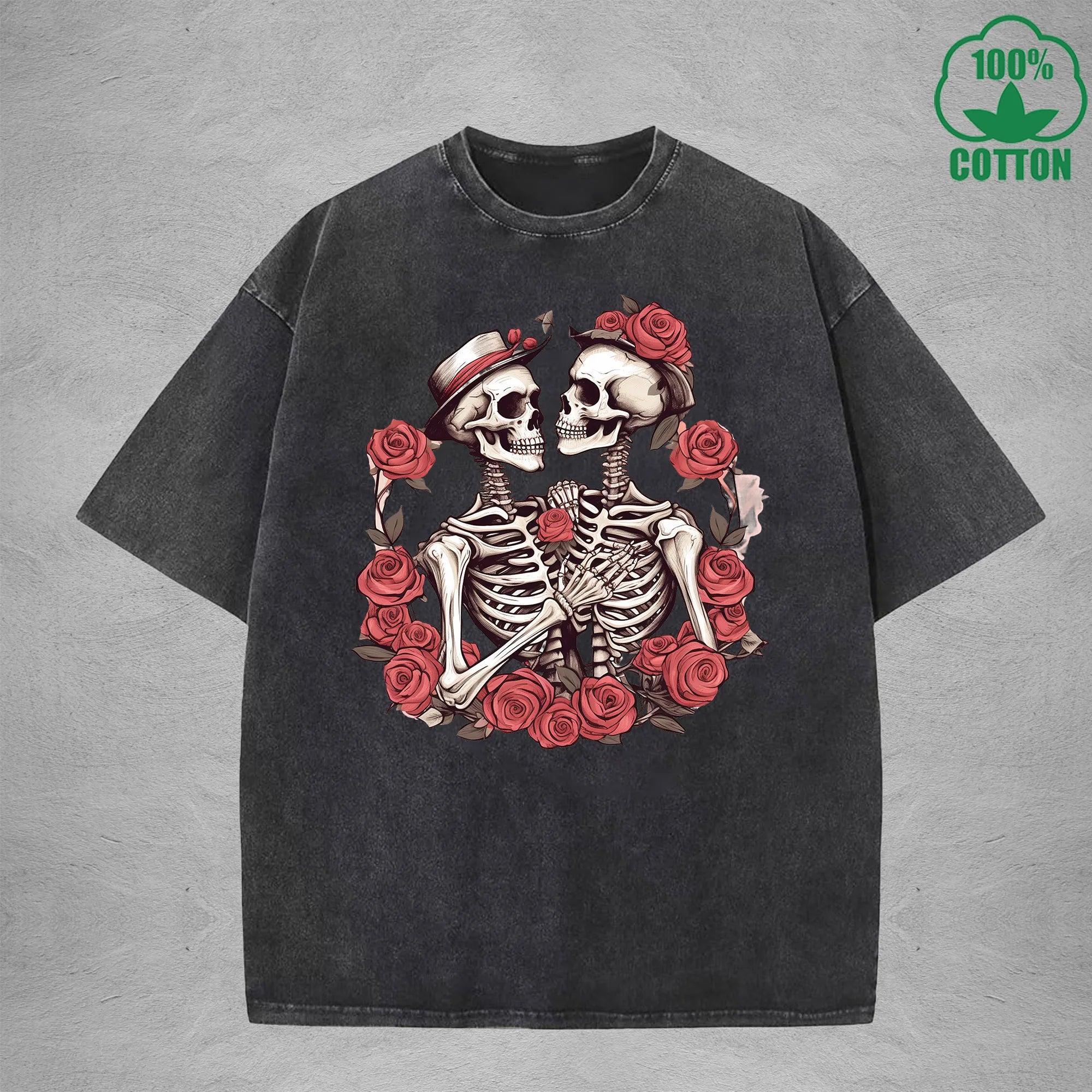 Romantic Skeleton Interesting Printed Washed T-Shirt 230G Multicolor Loose Trendy Fashionable Cotton Short Sleeve Top