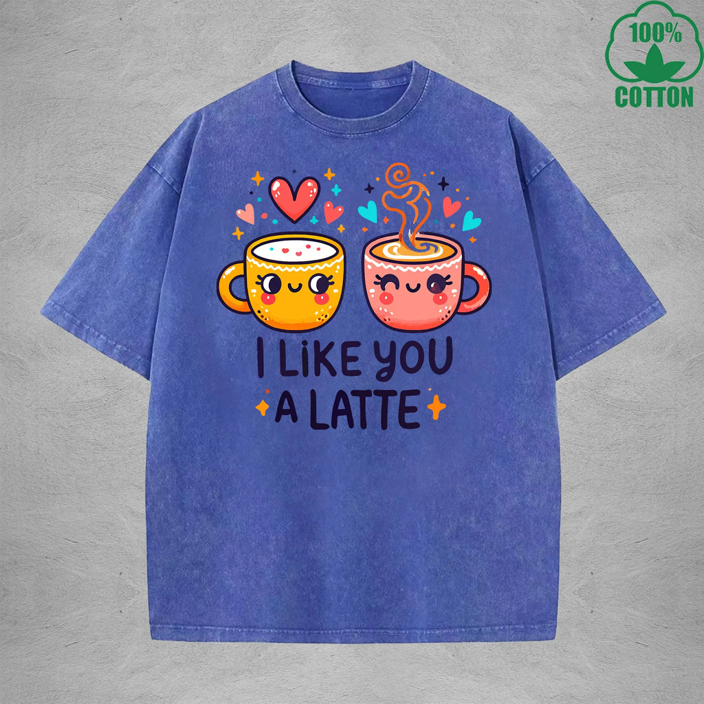 I Like You A LatteInterest Printed Washed T-Shirt 230G Loose Trendy Fashionable 100%Cotton Short Sleeve Top