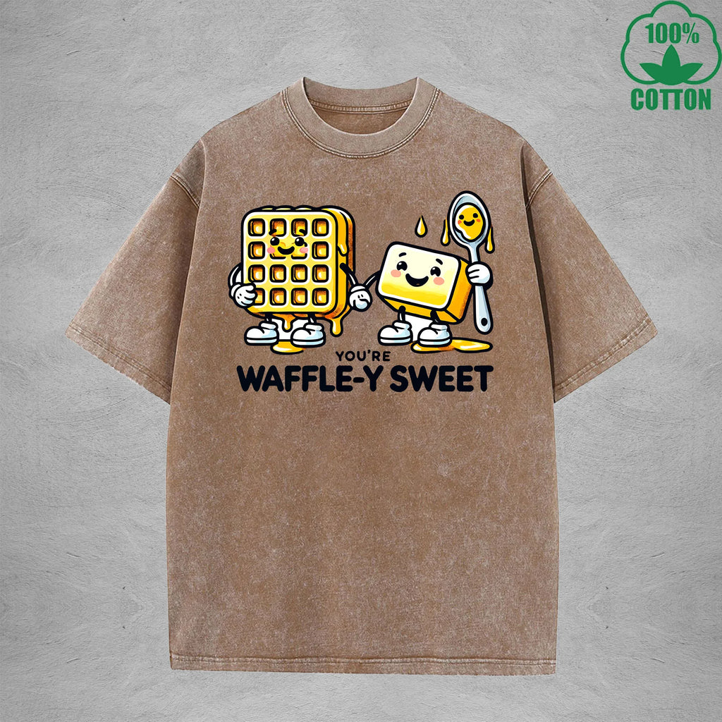 Waffle-Y SweetInterest Printed Washed T-Shirt 230G Loose Trendy Fashionable 100%Cotton Short Sleeve Top