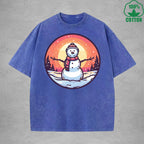 Christmas Snowman Interest Printed Washed T-Shirt 230G Multicolor Loose Trendy Fashionable Cotton Short Sleeve Top
