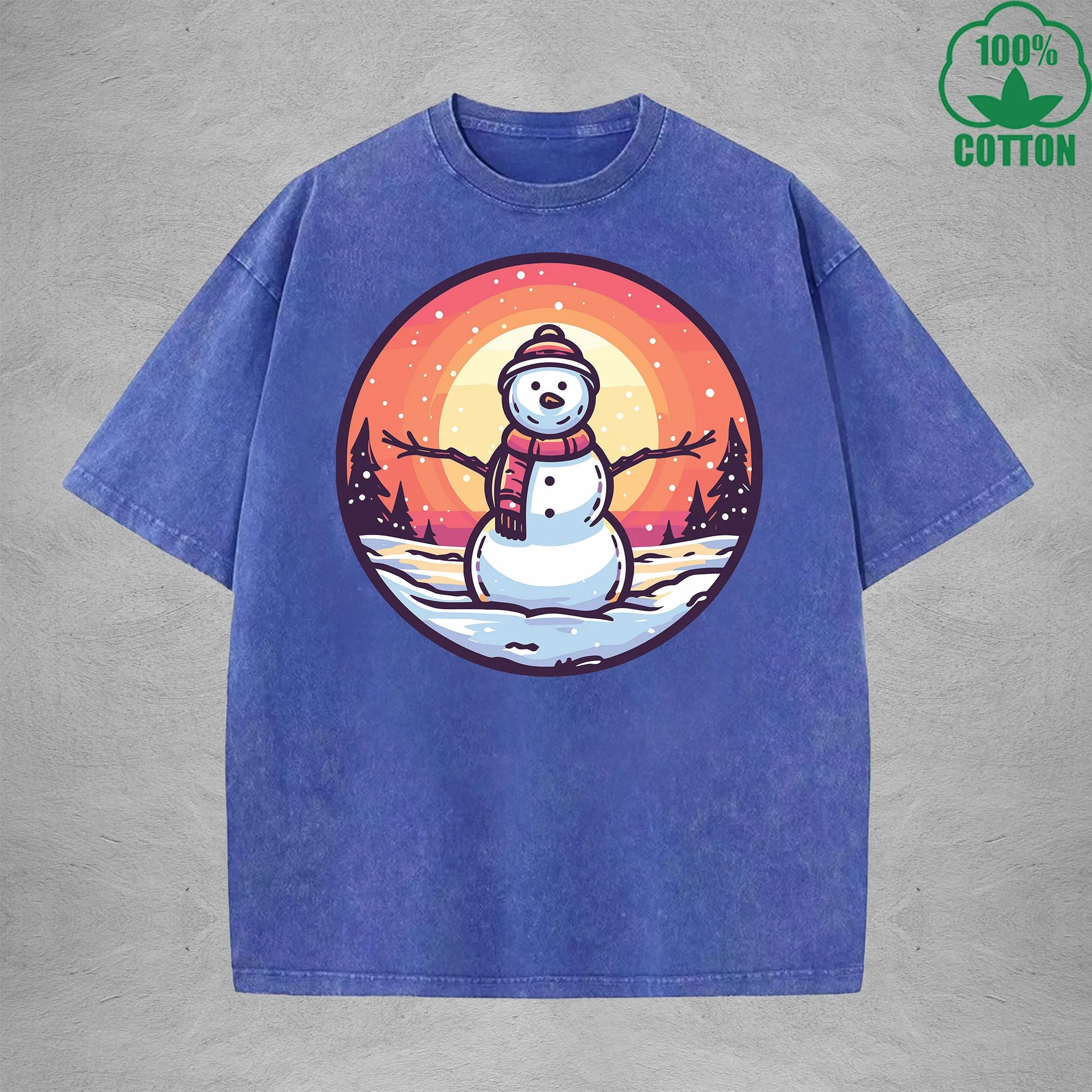 Christmas Snowman Interest Printed Washed T-Shirt 230G Multicolor Loose Trendy Fashionable Cotton Short Sleeve Top