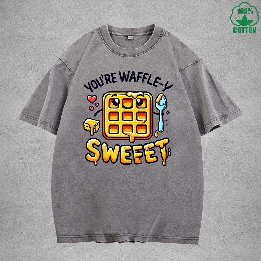 Waffle-Y SweetInterest Printed Washed T-Shirt 230G Loose Trendy Fashionable 100%Cotton Short Sleeve Top