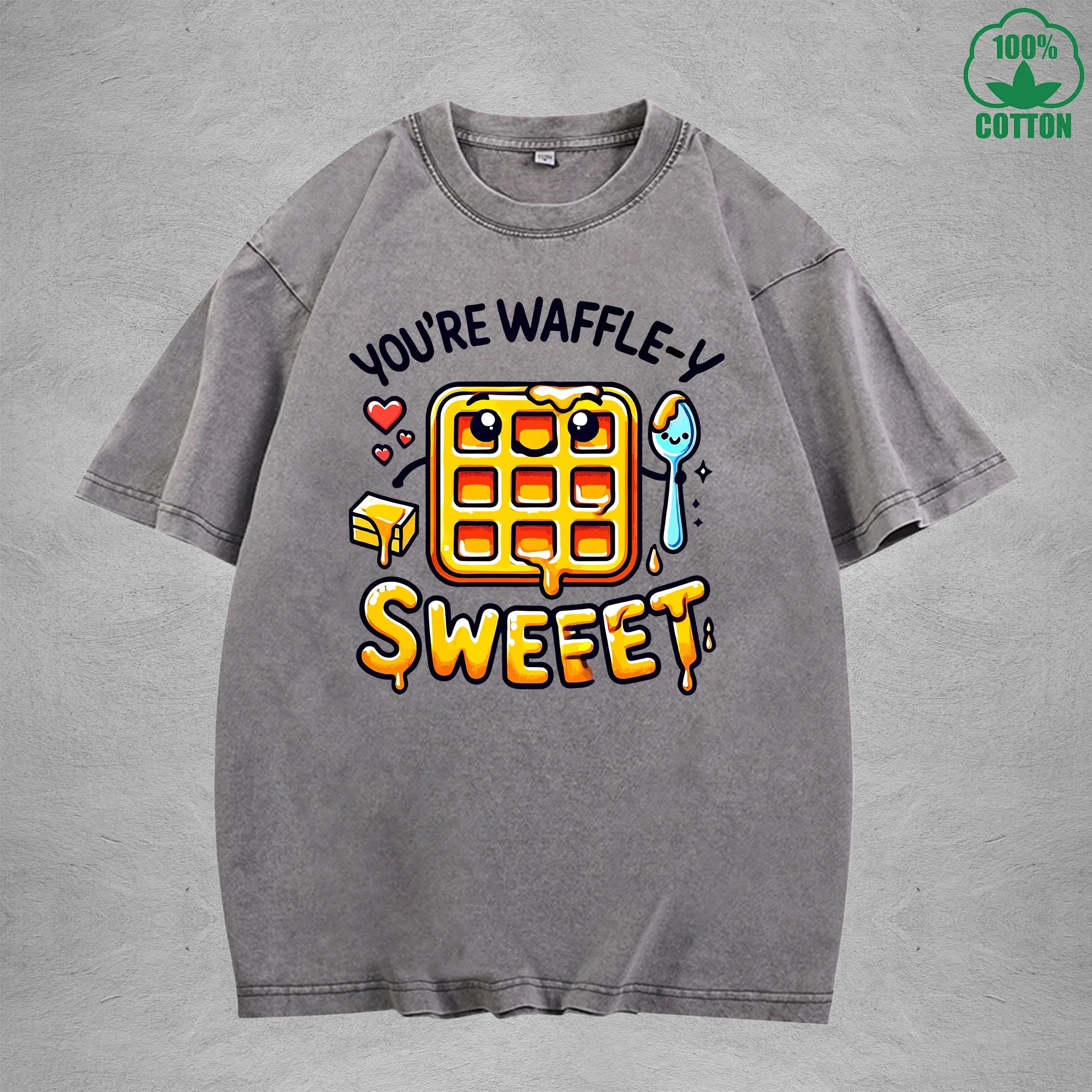 Waffle-Y SweetInterest Printed Washed T-Shirt 230G Loose Trendy Fashionable 100%Cotton Short Sleeve Top