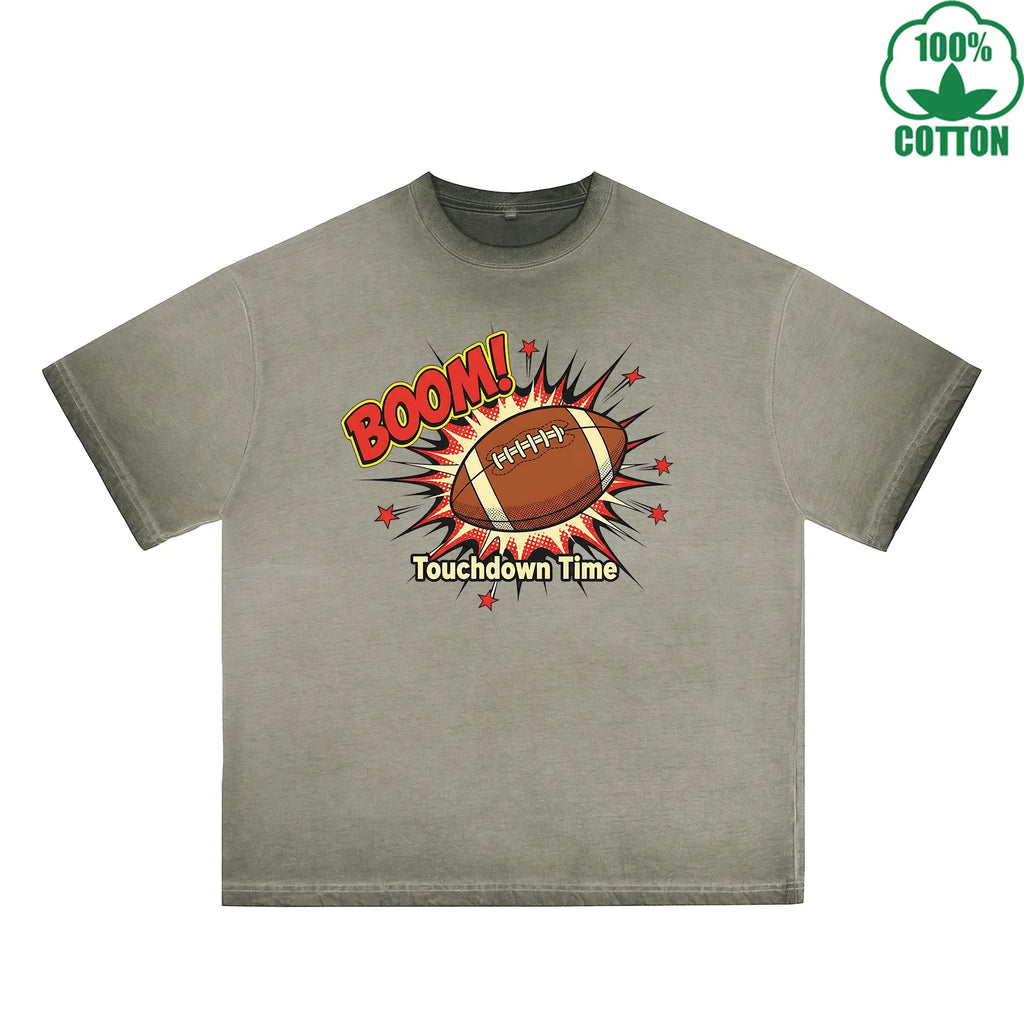 Touchdown Time Printed Dirty Wash T-Shirt 230G Multicolor Loose Trendy Fashionable 100%Cotton Short Sleeve Top