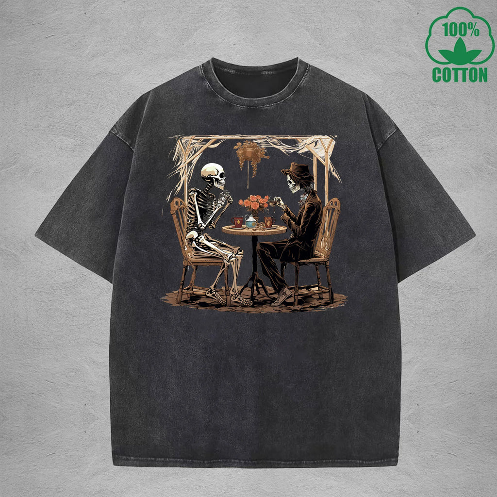 Skeleton Printed Washed T-Shirt 230G Loose Trendy Fashionable Cotton Short Sleeve Top