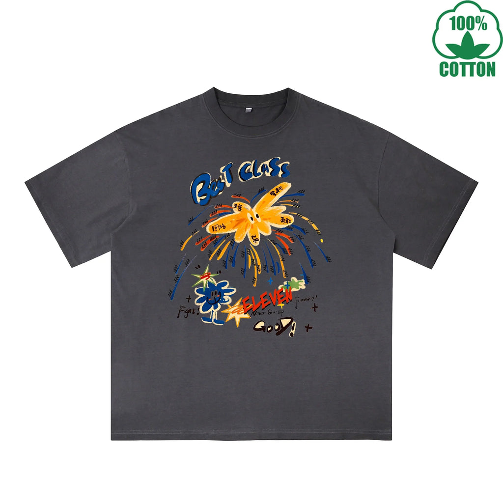 Bes T CLASS Printed Dirty WashT-Shirt 230G Multicolor Loose Trendy Short Sleeves Fashionable 100%Cotton Top
