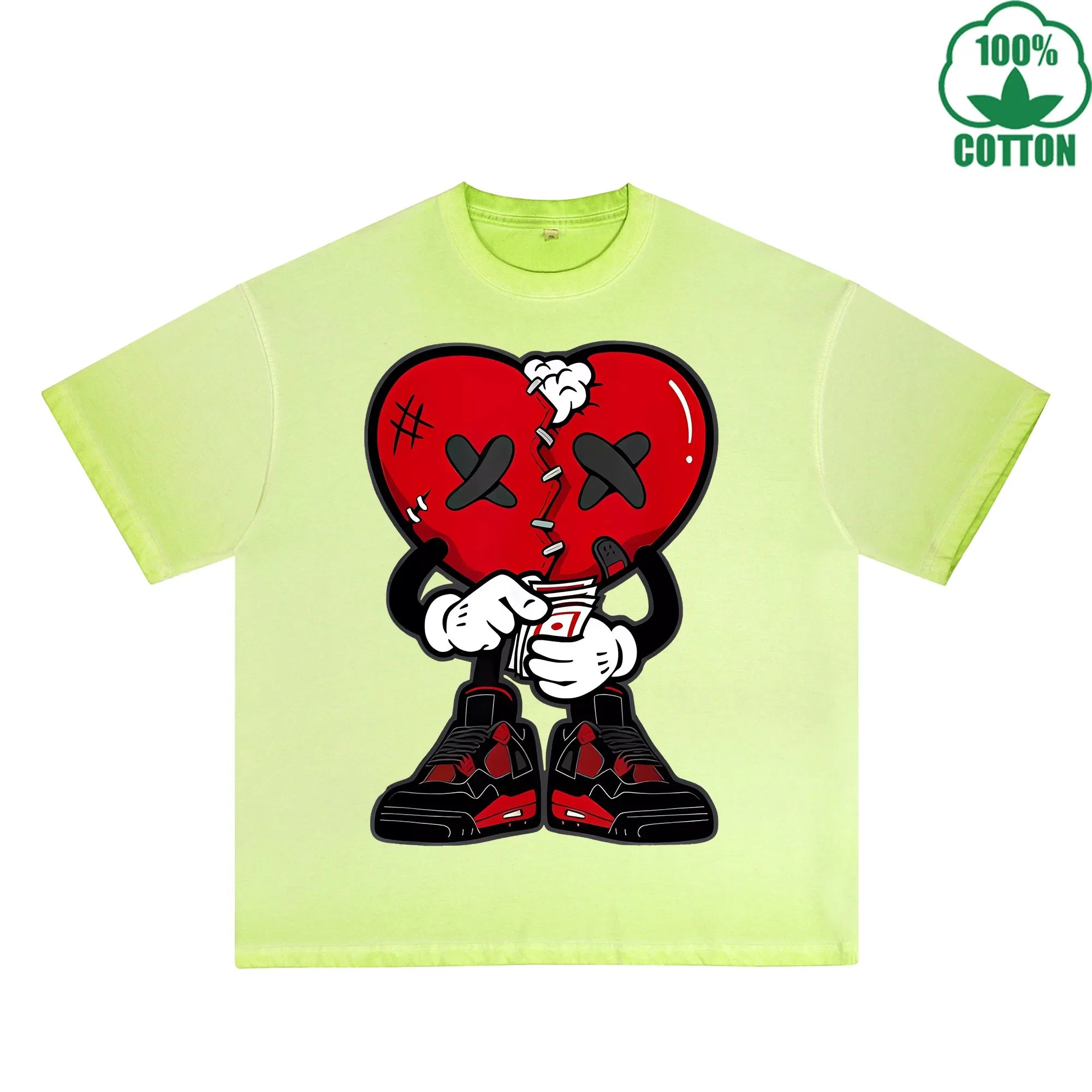 Injured Heart Printed Dirty WashT-Shirt 230G Multicolor Loose Trendy Fashionable 100%Cotton Short Sleeve Top