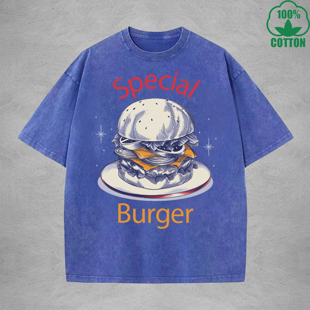 Special Burger American Retro 230G Washed T-Shirt Available in Multiple Colors Fashionable Pure Cotton Short Sleeve