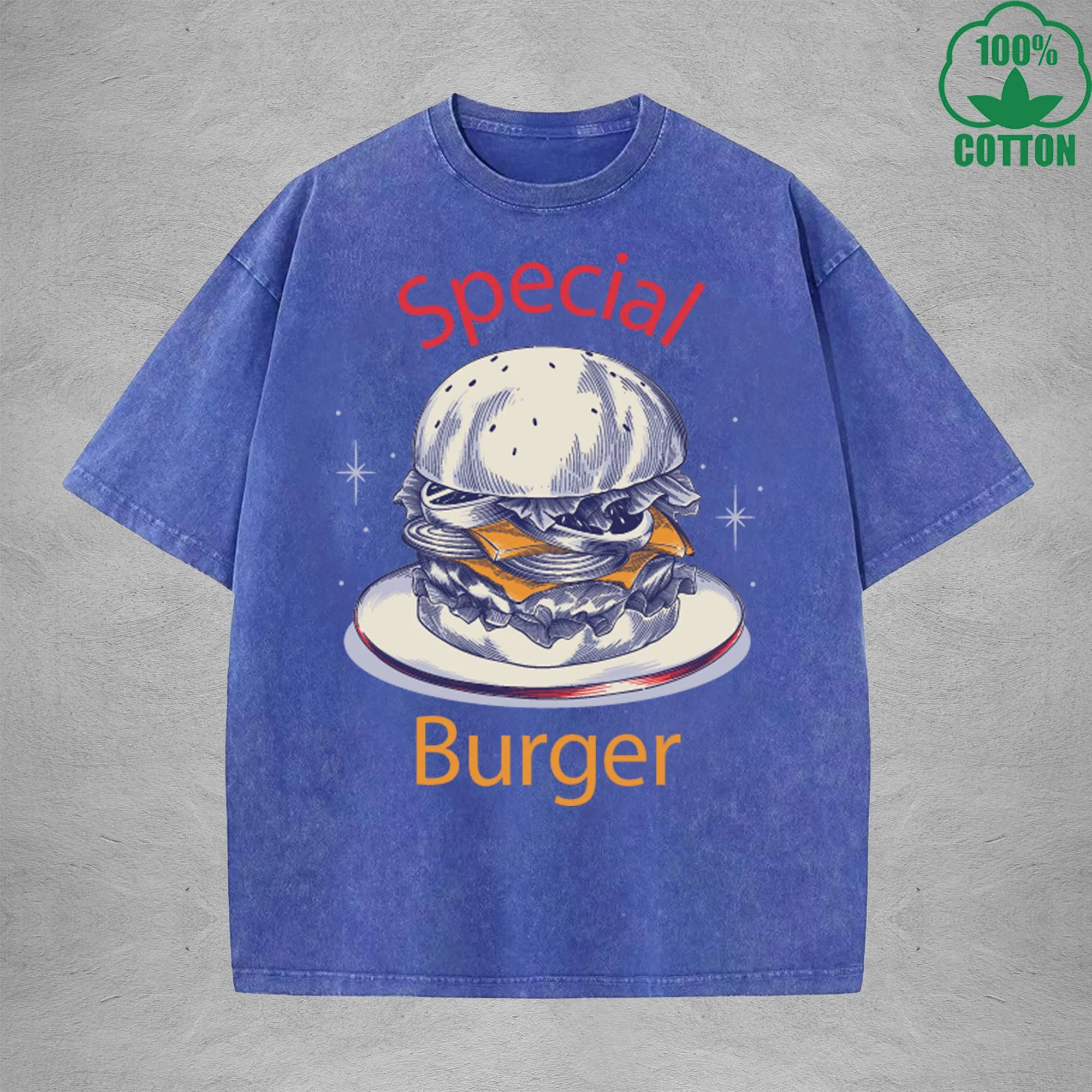 Special Burger American Retro 230G Washed T-Shirt Available in Multiple Colors Fashionable Pure Cotton Short Sleeve