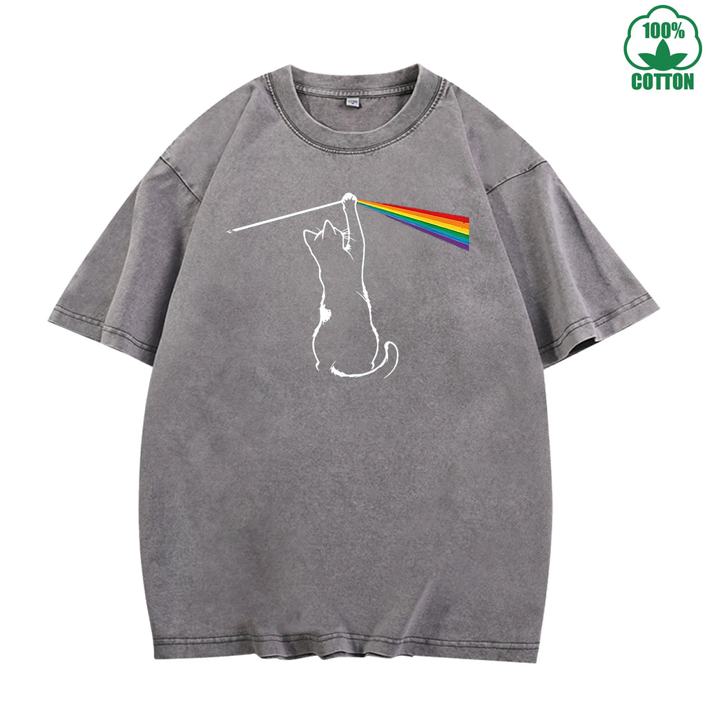 Cat Chasing a Rainbow Printed Washed T-Shirt 230G Loose Trendy Fashionable Cotton Short Sleeve Top Clearance Sale