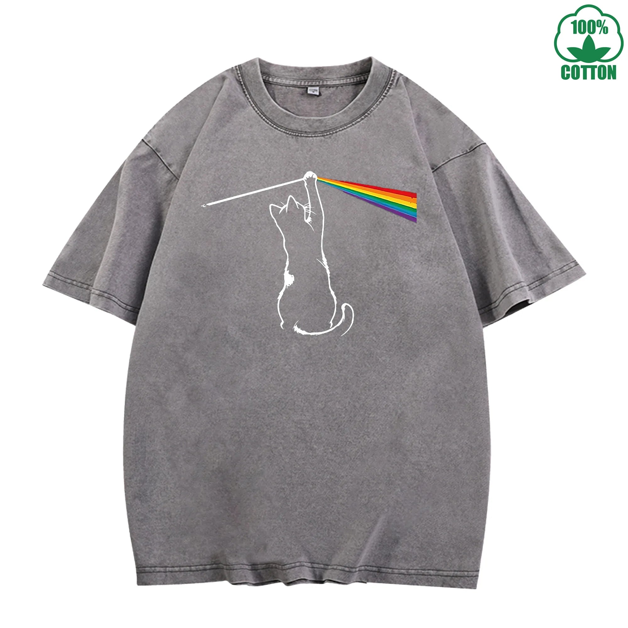 Cat Chasing a Rainbow Printed Washed T-Shirt 230G Loose Trendy Fashionable Cotton Short Sleeve Top Clearance Sale