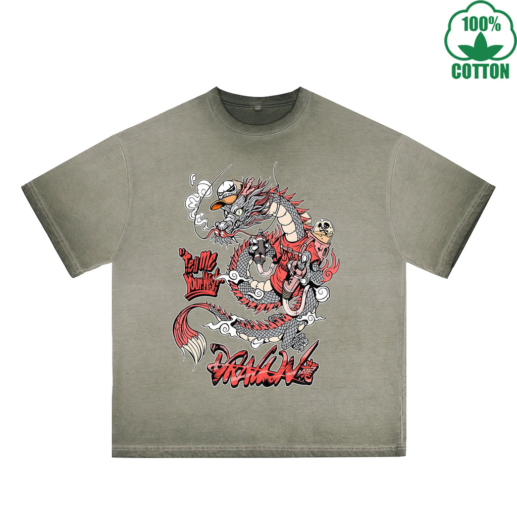 Trendy Dragon Printed Dirty WashT-Shirt 230G Multicolor Loose Trendy Fashionable 100%Cotton Short Sleeve Top