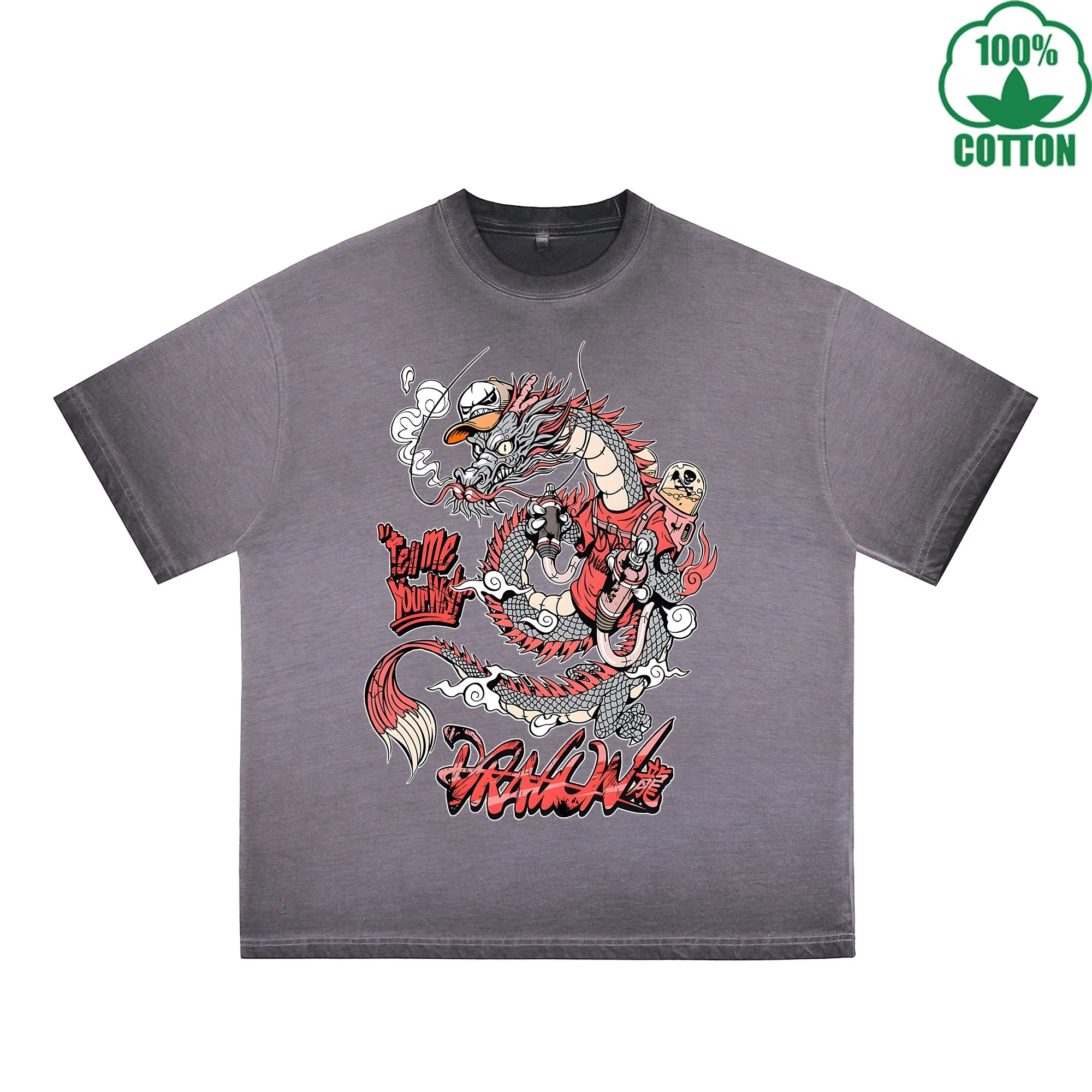 Trendy Dragon Printed Dirty WashT-Shirt 230G Multicolor Loose Trendy Fashionable 100%Cotton Short Sleeve Top