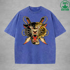 Two Faced TigerInterest Printed Washed T-Shirt 230G Multicolor Loose Trendy Fashionable 100%Cotton Short Sleeve Top