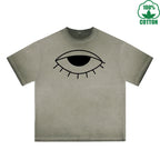 The Mysterious Eye Printed Dirty WashT-Shirt 230G Multicolor Loose Trendy Fashionable 100%Cotton Short Sleeve Top