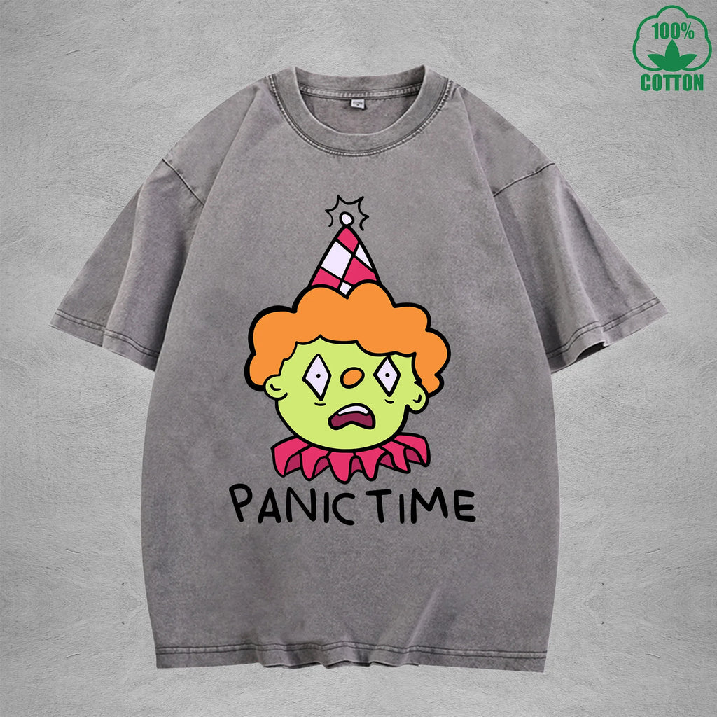 Panic TimeInterest Printed Washed T-Shirt 230G Loose Trendy Fashionable 100%Cotton Short Sleeve Top