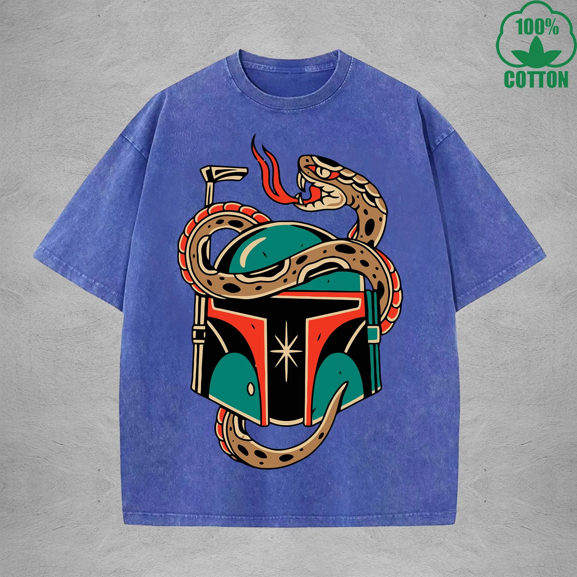 Deadly SnakeInterest Printed Washed T-Shirt 230G Multicolor Loose Trendy Fashionable 100%Cotton Short Sleeve Top