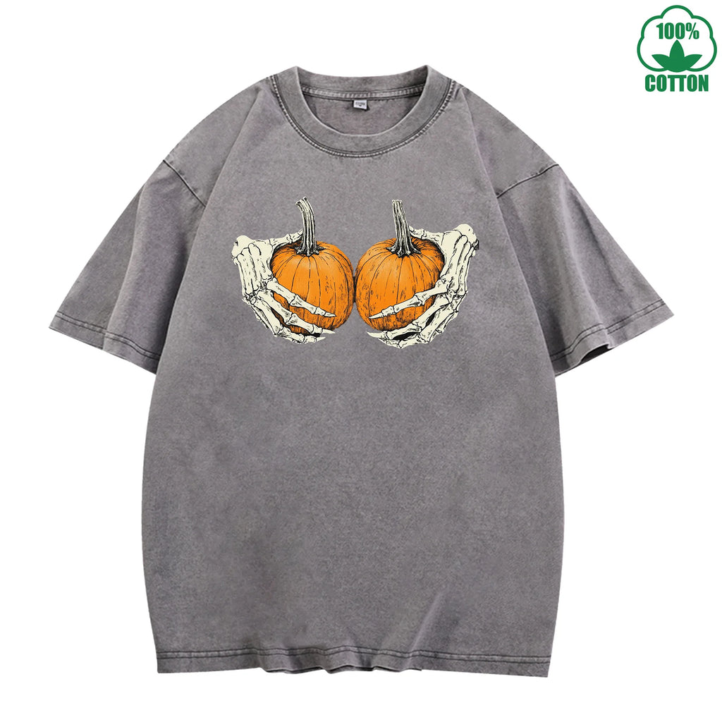 Holding a Pumpkin Fun And Quirky Printed Washed T-Shirt 230G Multicolor Loose Trendy Fashionable Cotton Short Sleeve Top