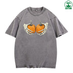 Holding a Pumpkin Fun And Quirky Printed Washed T-Shirt 230G Multicolor Loose Trendy Fashionable Cotton Short Sleeve Top